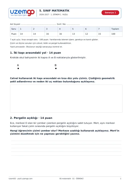 Matematik öğrenci kitapçığı ilk sayfası