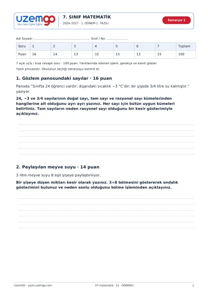 Matematik öğrenci kitapçığı ilk sayfası