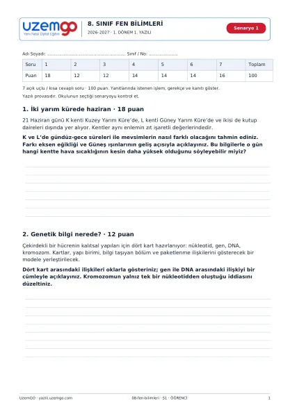 Fen Bilimleri öğrenci kitapçığı ilk sayfası