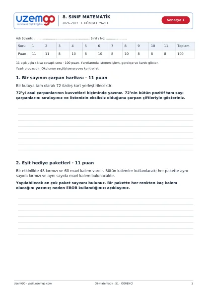 Matematik öğrenci kitapçığı ilk sayfası