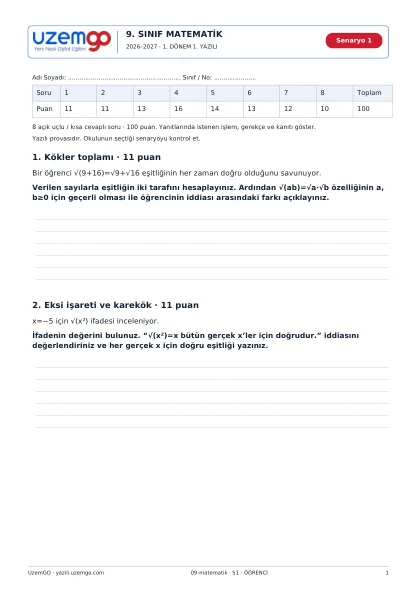 Matematik öğrenci kitapçığı ilk sayfası