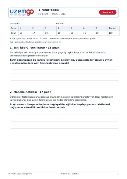 Tarih öğrenci kitapçığı ilk sayfası