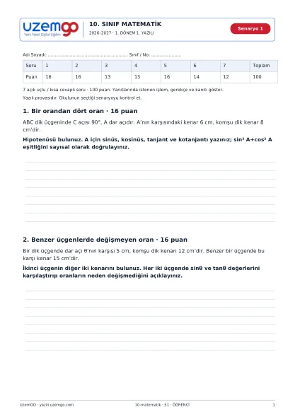 Matematik öğrenci kitapçığı ilk sayfası