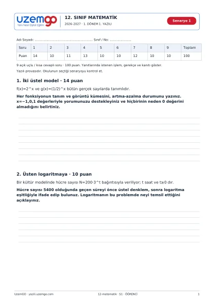 Matematik öğrenci kitapçığı ilk sayfası
