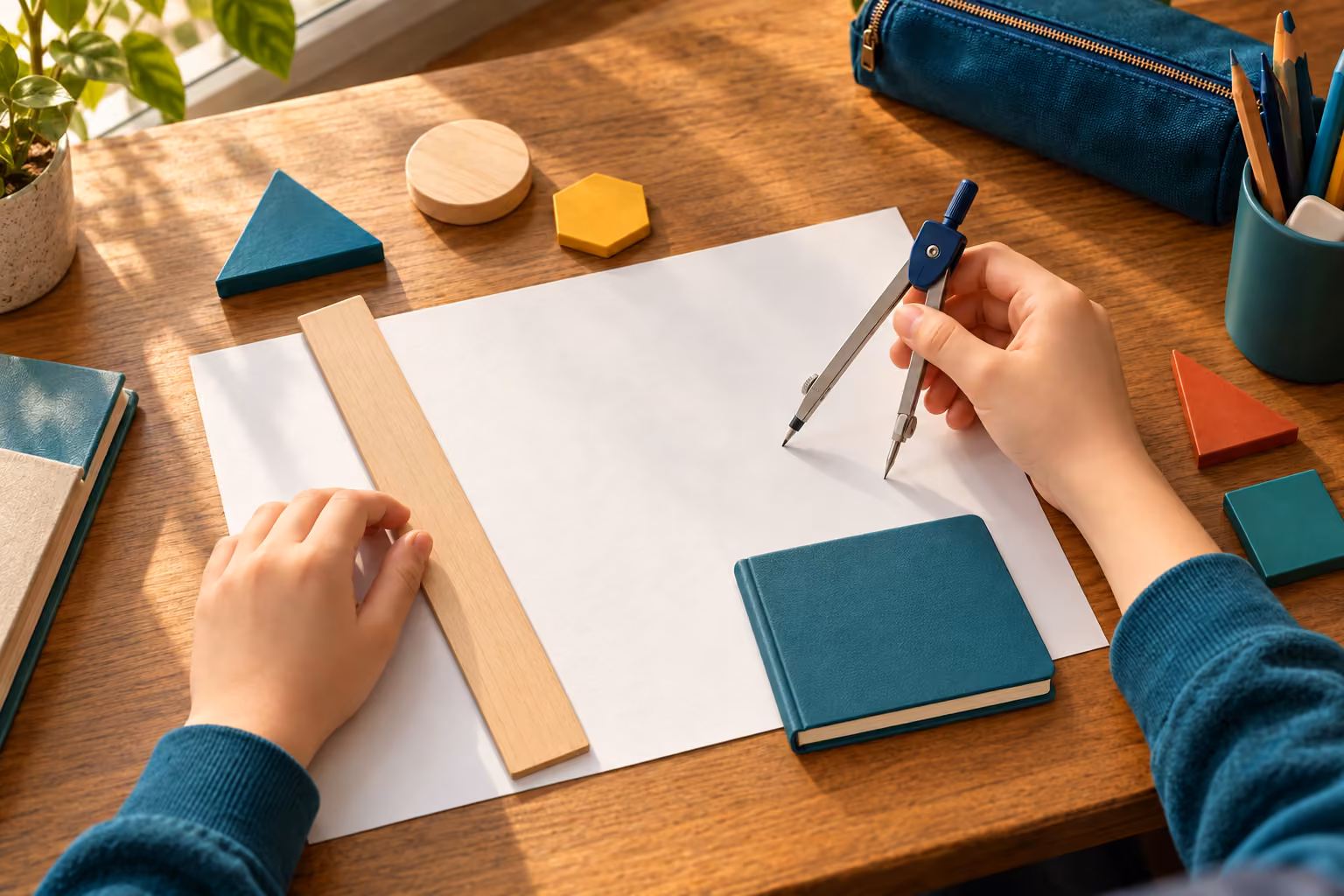 Boş kâğıt üzerindeki pergel ve işaretsiz cetvelin yanında geometrik parçalar ve kapalı bir defter bulunuyor.