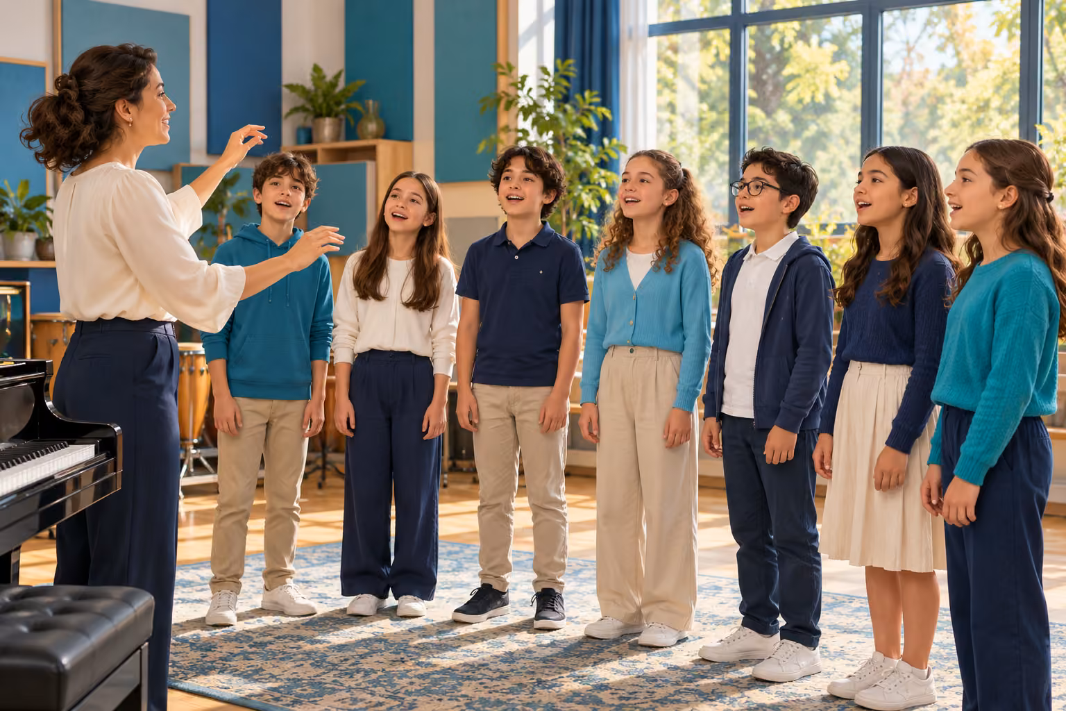 Bir grup öğrenci, piyanonun yanında öğretmenlerinin el işaretini izleyerek birlikte şarkı söylüyor.