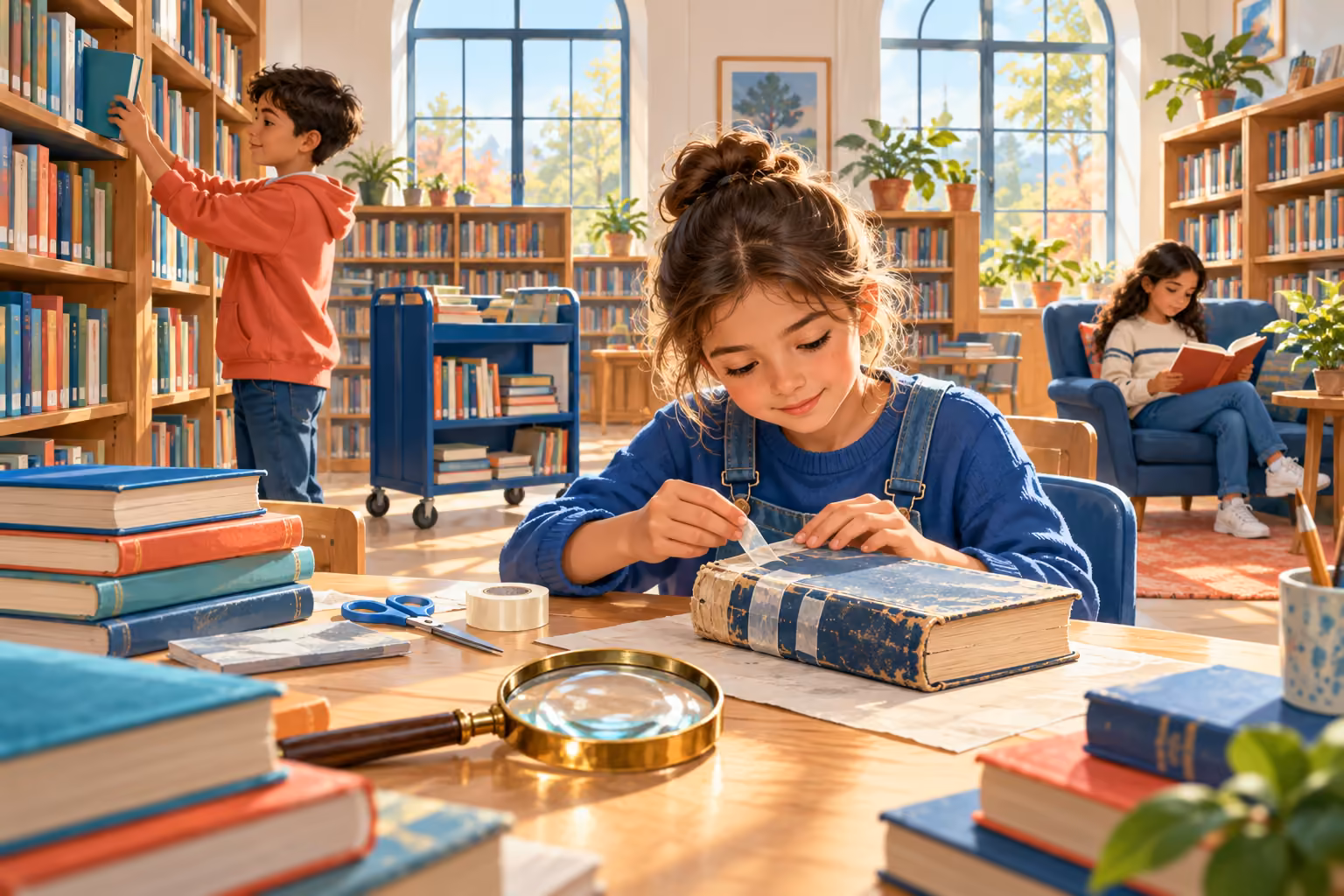 Bir öğrenci yıpranmış kitabı bantla onarırken diğer öğrenciler kütüphanede kitap seçiyor ve okuyor.