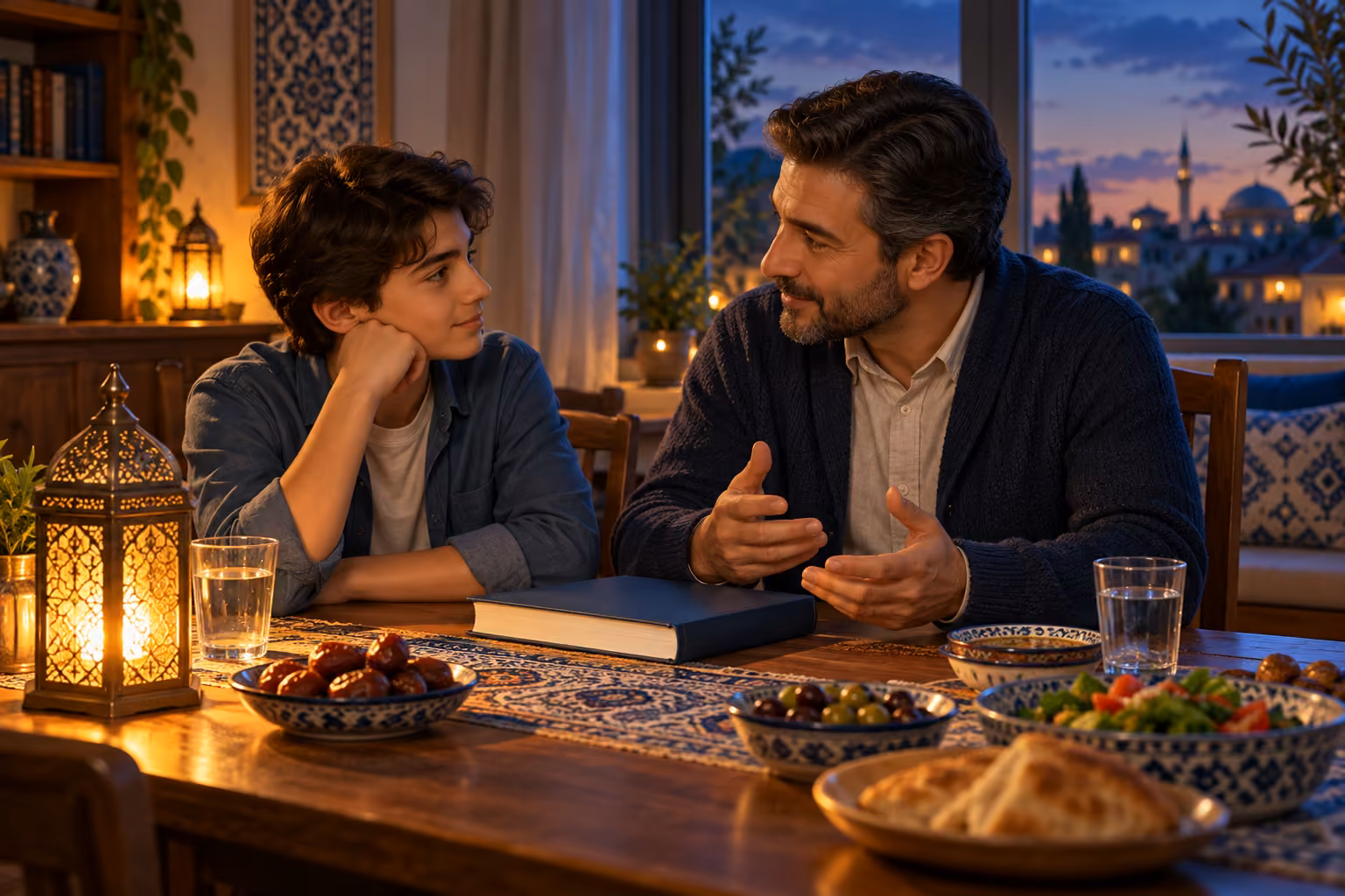 Bir öğrenci ve bir yetişkin, akşam sofrasında sade kapaklı bir kitabın yanında konuşup birbirini dinliyor.