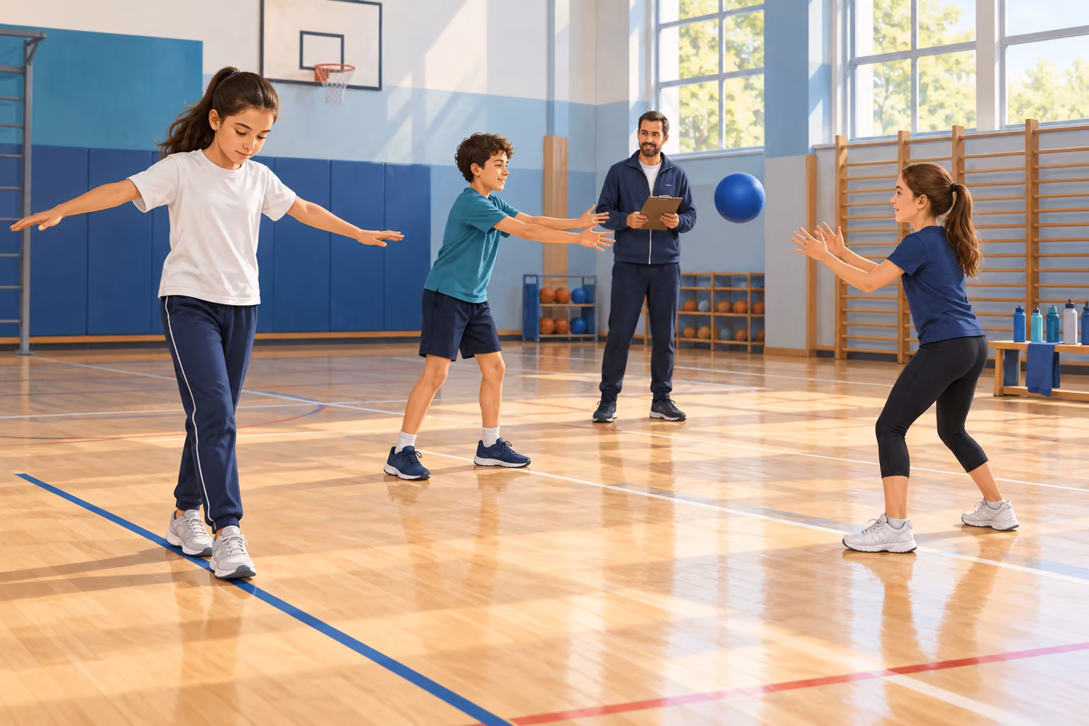 Spor salonunda öğrenciler denge ve top çalışması yaparken öğretmen onları izliyor.