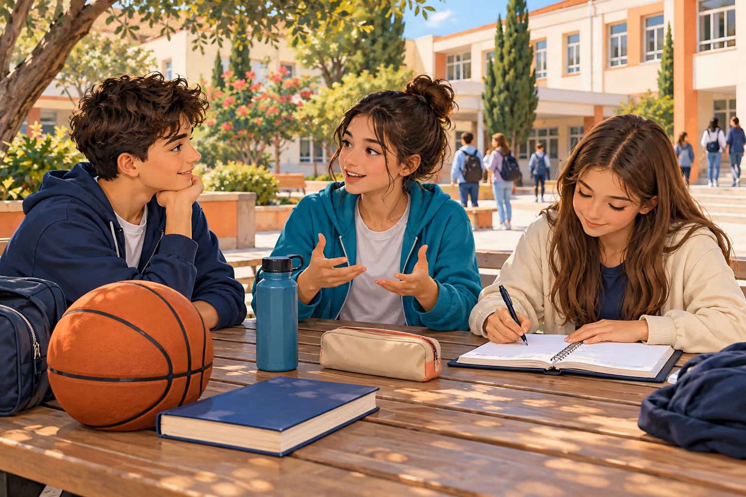Okul bahçesinde üç öğrenci kitap, basketbol topu ve su şişesi yanlarında sohbet ediyor.
