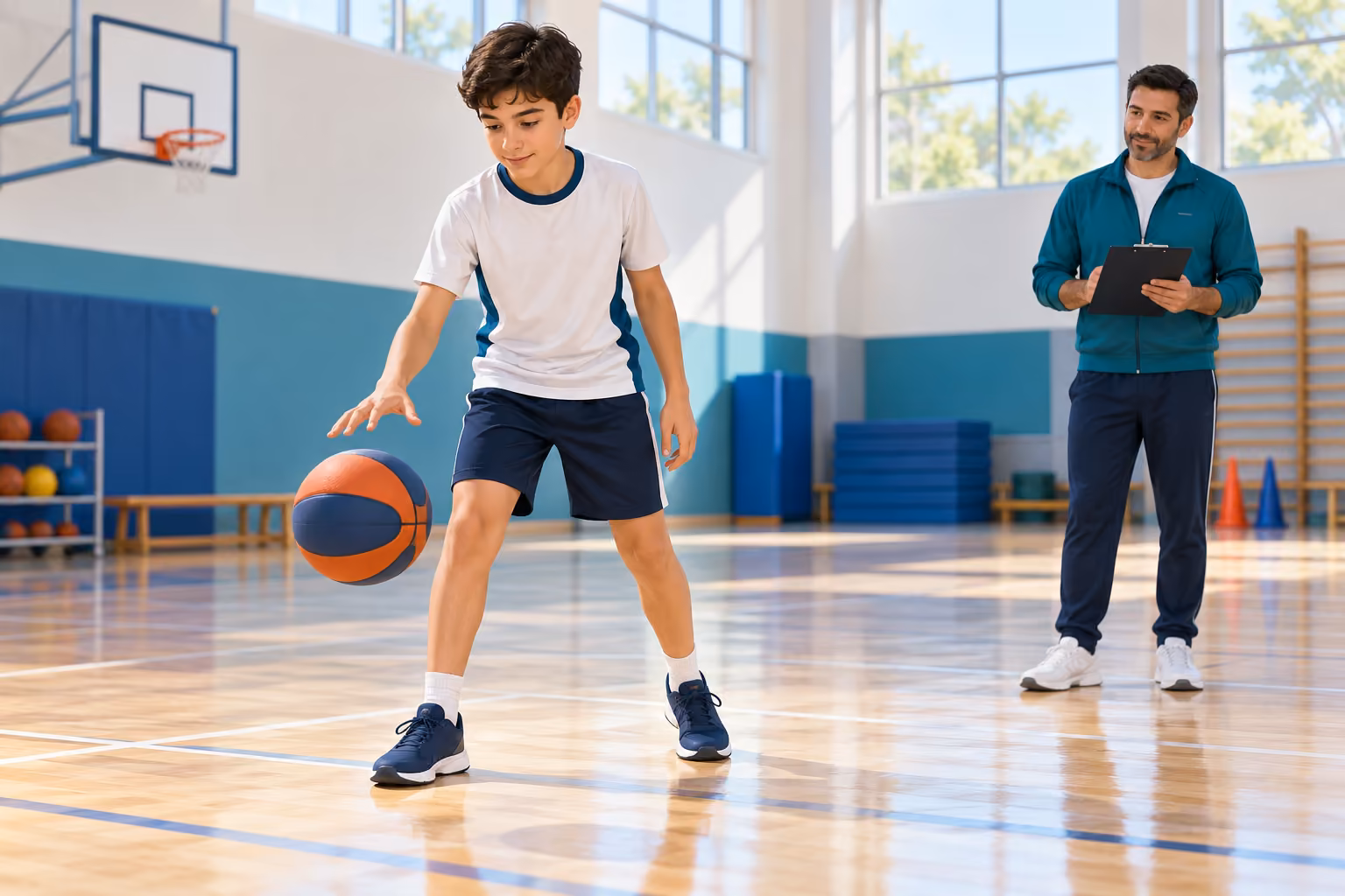 Bir öğrenci spor salonunda top sürerken öğretmeni elinde kontrol listesiyle izliyor.