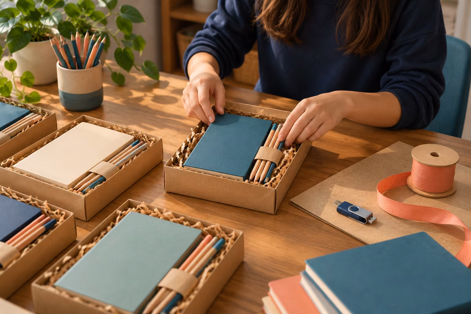 Bir öğrenci defter ve kalemleri benzer hediye paketleri oluşturacak şekilde düzenliyor.