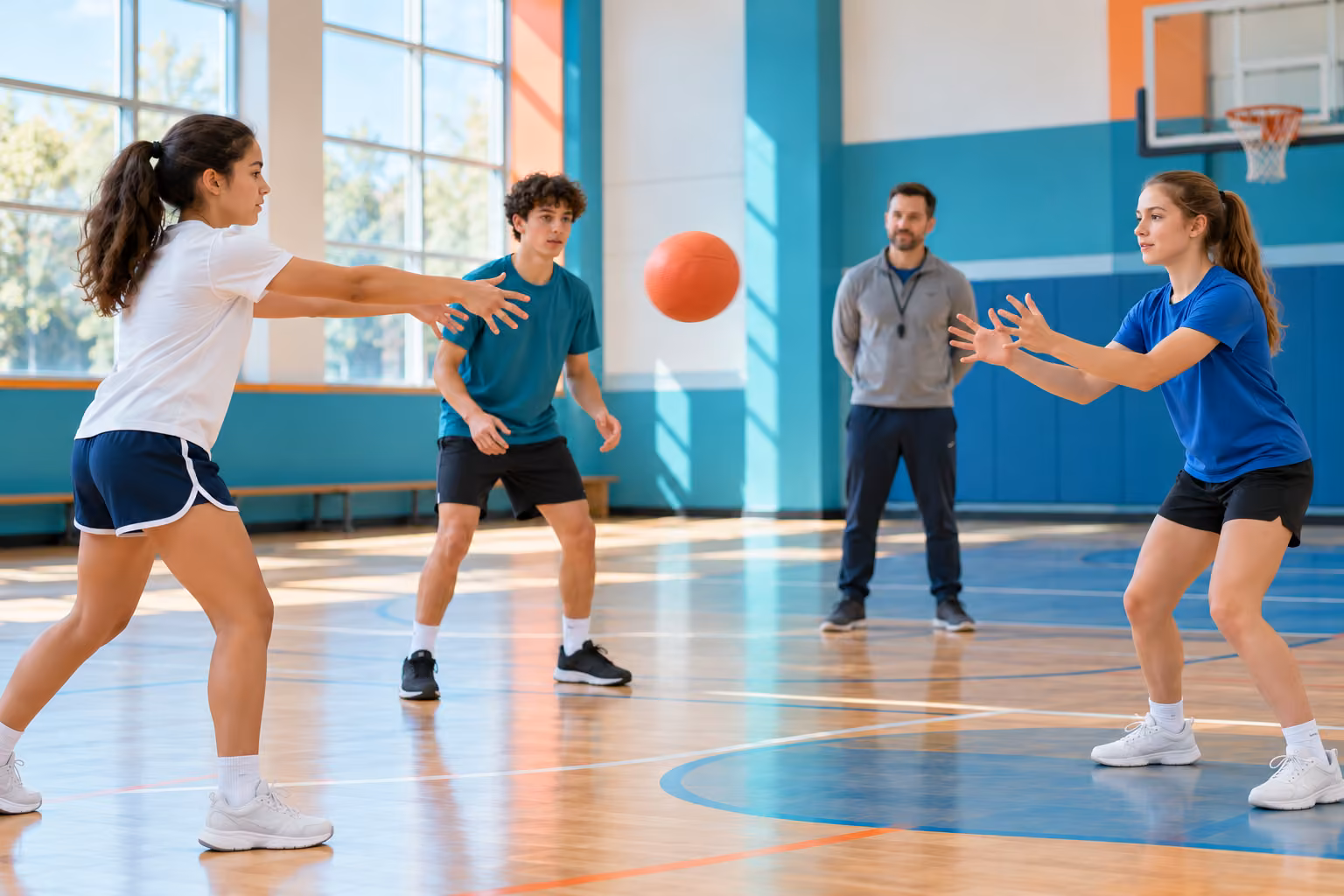 Spor salonunda öğretmen gözetiminde yumuşak topla pas çalışması yapan öğrenciler.