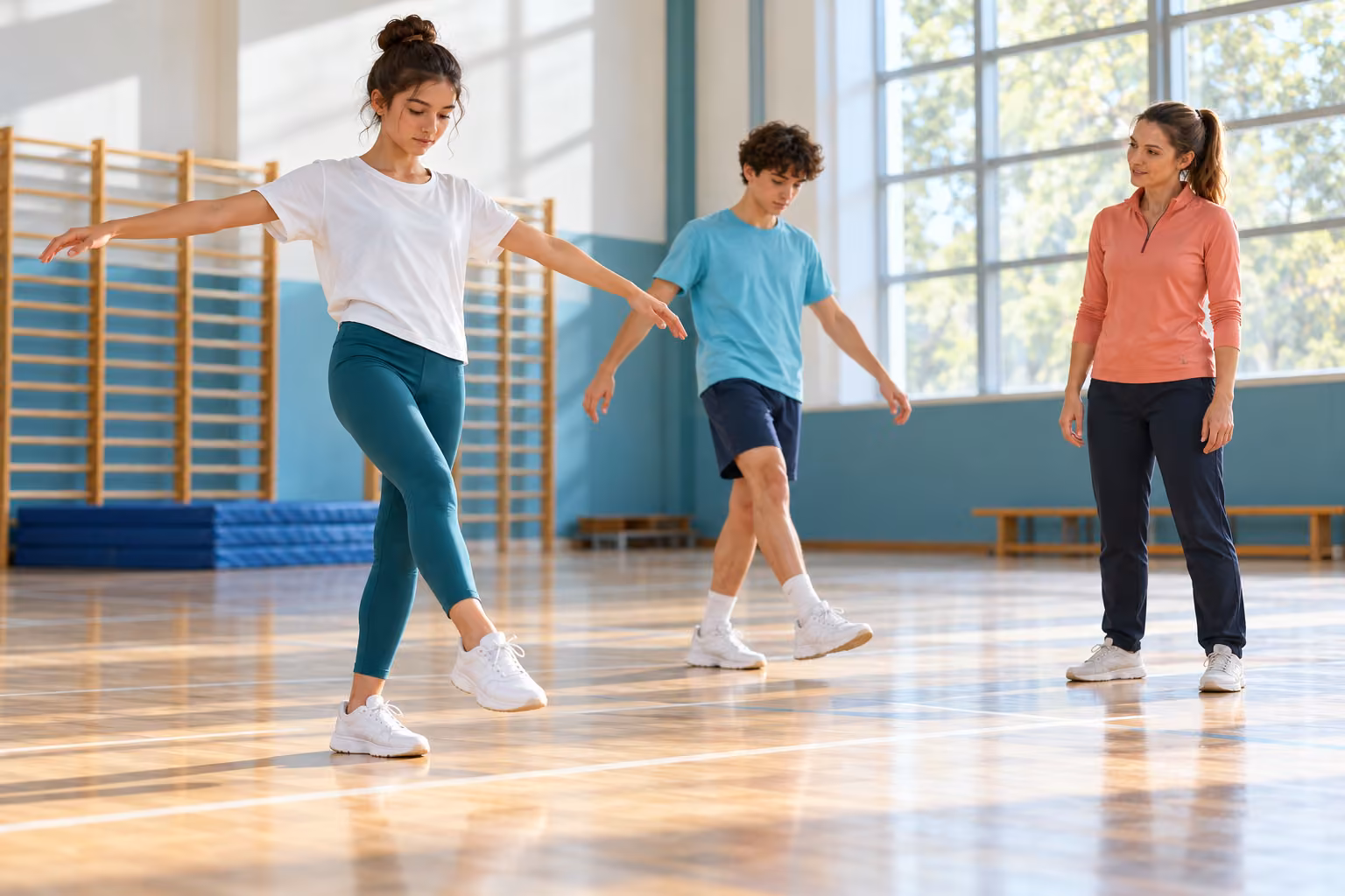 Spor salonunda öğretmen gözetiminde kollarını açarak dengeli adımlar atan iki öğrenci.