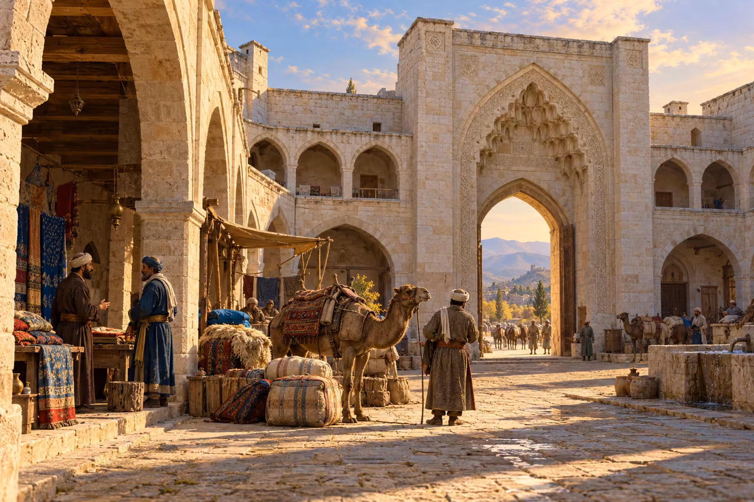 Taş kemerli bir kervansaray avlusunda dokuma yükleri, develer ve konuşan tüccarlar.
