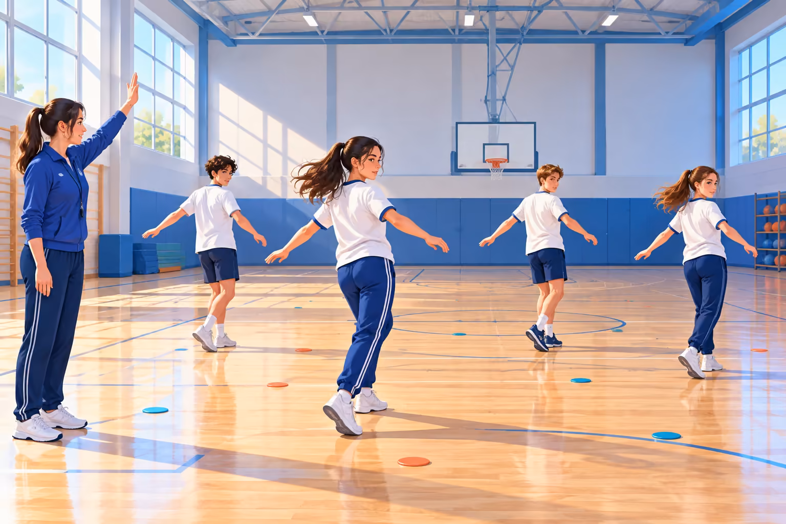 Spor salonunda öğretmen eşliğindeki dört öğrenci, aralarında boşluk bırakarak kontrollü dönüş hareketi çalışıyor.