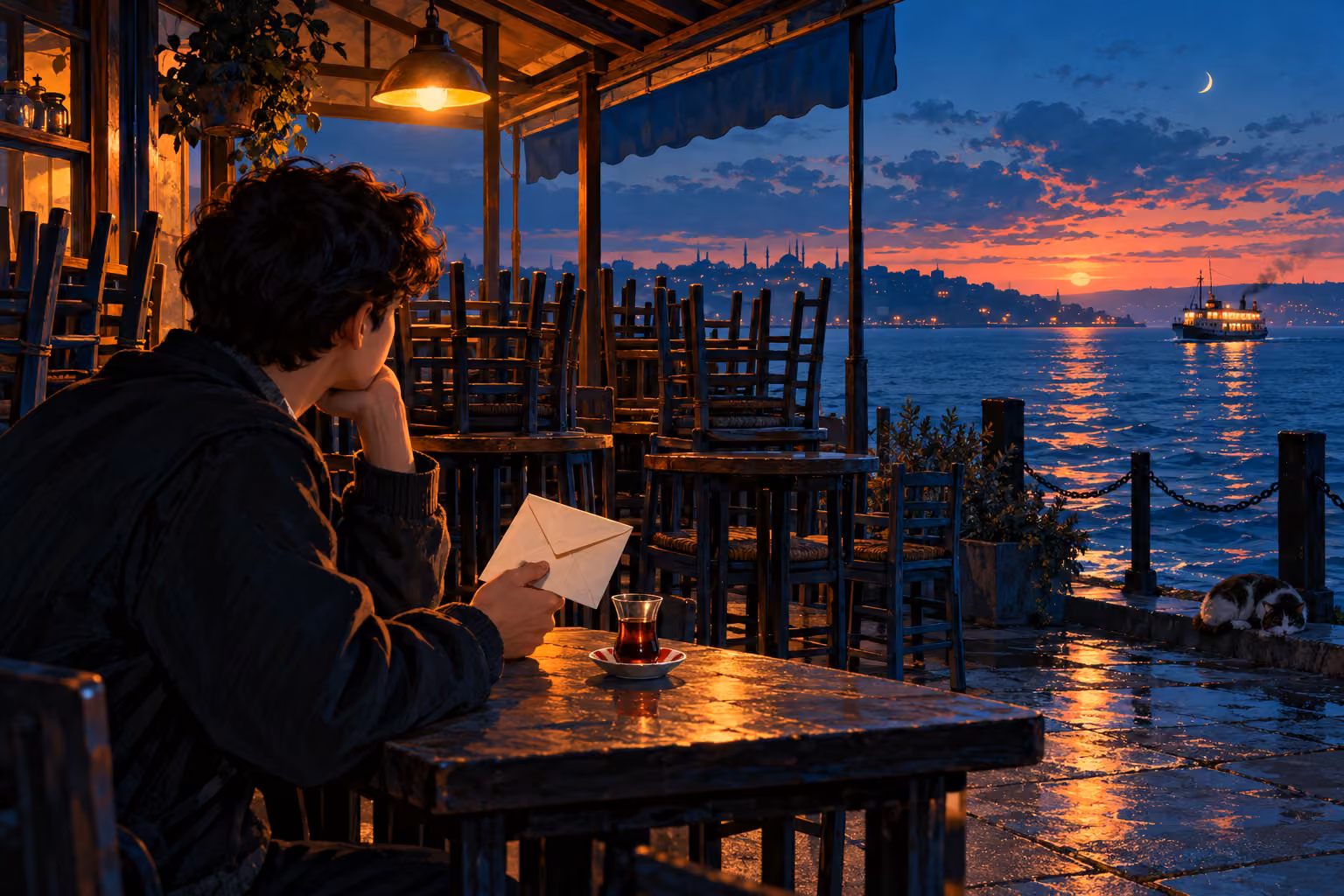 Akşam kıyıdaki çay ocağında sandalyeler toplanmış; bir genç kapalı mektubu tutarak denize bakıyor, uzakta ışıkları yanan bir tekne ilerliyor.